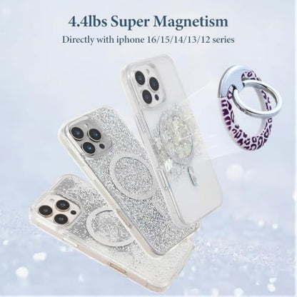 Magnetic Phone Ring for MagSafe Grip, Super Magnet Twinkle Design Ring Holder Stand, MagSafe Accessory for iPhone 17/16/15/14/13 Pro Max Plus，Purple Leopard - color: Purple Leopard