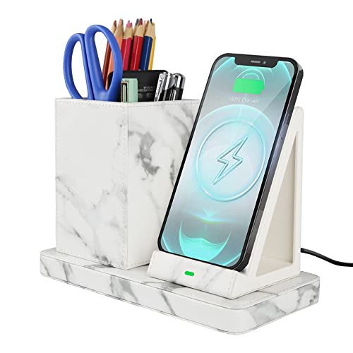 Wireless Charger with Desk Organizer, Wireless Charging Station for iPhone 13/13 Pro Max/13 Pro/12 Series/11/XS Max/XR/X/8Plus/SE 2, Wireless Charging Stand with Leather… (Marble) - color: Marble