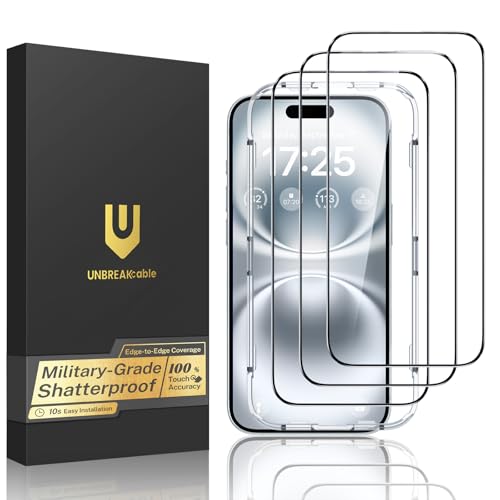 UNBREAKcable for iPhone 16 Plus Screen Protector, 3-Pack Full Coverage Tempered Glass [Military Grade Shatterproof] [9H Hardness] [Easy Installation Frame] [Bubble Free] for iPhone 16 Plus 6.7" - size: iPhone 15 Plus/16 Plus
