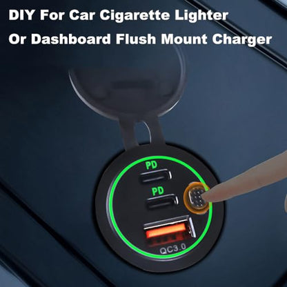 3 Ports 18W USB Car Charger with Switch, 12-24V QC 3.0 USB & Dual PD USB C Cigarette Lighter Socket Outlet, Dashboard Mount Quick Charge Charger for Car Motorcycle Truck Marine Boat (Blue) - color: Blue Light