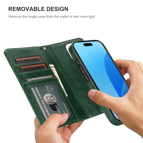 Bocasal Detachable Wallet Case Card Holder for iPhone 16 Pro, Green | RFID Blocking Kickstand Card Slots Holder PU Leather Magnetic Shockproof Wrist Strap Removable Flip Protective Cover 6.3 inch - color: Green