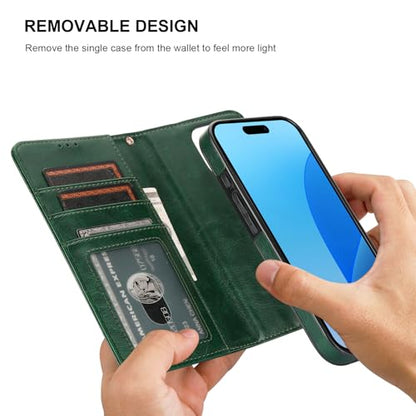 Bocasal Detachable Wallet Case Card Holder for iPhone 16 Pro, Green | RFID Blocking Kickstand Card Slots Holder PU Leather Magnetic Shockproof Wrist Strap Removable Flip Protective Cover 6.3 inch - color: Green