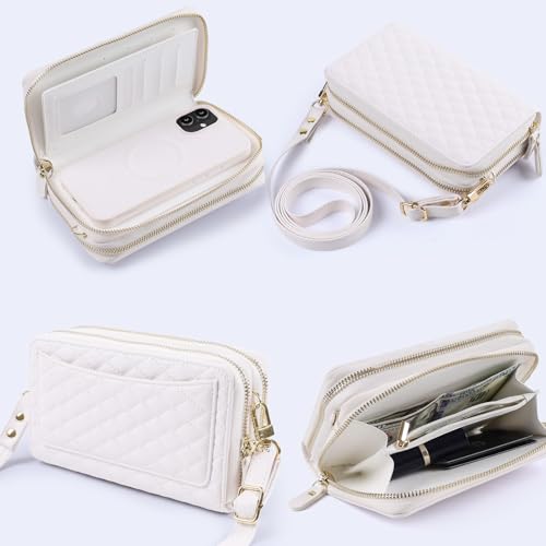 Harryshell Compatible with iPhone 17 Case Wallet Multi Zipper Detachable Removable Cover Purse with RFID Blocking Card Slots Holder Mirror Crossbody Strap (Compatible with Magsafe - White) - color: Compatible with Magsafe - White, size: iPhone 17