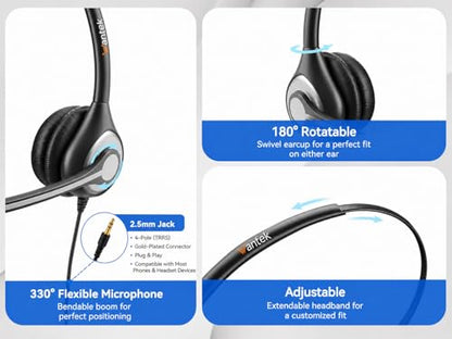 Wantek 2.5mm Headset with Microphone, Wired Phone Headset, Noise Cancelling & Volume Controls, Telephone Headphone Compatible with Panasonic, Cisco, Polycom, Gigaset's 2.5mm Jack Phone Headset - color: Dark black