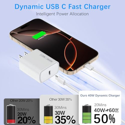 iPhone 17 Charger Fast Charging, 40W Dynamic Wall Charger with 60W Max,2Pack USB C Charging Block Power Adapter 6FT USB C Woven Cable Cord for iPhone 17 Pro Max/17 Air/16e/15 Plus,iPad Pro/Air/Mini - size: 2PACK 6ft