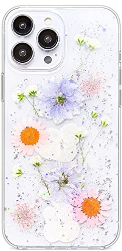 Abbery Designed for iPhone 12 Pro Max Pressed Flower Case, Cute Bling Glitter Sparkle Clear with Design Soft Silicone TPU Rubber Dried Real Floral Aesthetic Case for Women Girls (Glitter Flower) - color: Glitter Flower, size: for iPhone 12 Pro Max