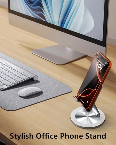 Phone Stand for Desk, 360° Rotating Dual Adjustable Foldable Cell Phone Holder, Heavy Solid All-Aluminum Base Anti-Slip Stable Support for Home Office Study, Fits iPhone Galaxy 4-8" Phones - color: Silver+Silver