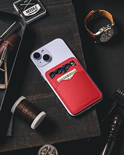 VULKIT Stick on Card Holder Compatible for iphone Leather Cell Phone Wallet Credit Card Case Strong Sticker for Women - color: Red
