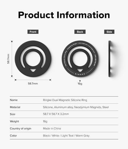 Ringke Dual Magnetic Silicone Ring [Compatible with MagSafe] Phone Grip, Dual-Sided Powerful Magnet, Lightweight (0.04 lb) & Super Slim (0.13 in) Soft Holder for iPhone, Galaxy, Pixel - Black - color: Black