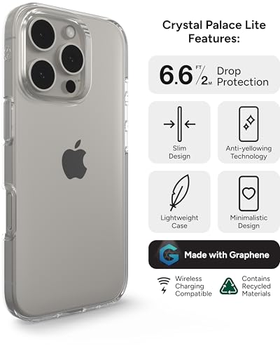ZAGG Crystal Palace Lite Case for iPhone 16 Pro - Ultra-Slim, Ultimate Drop Protection with Graphene Reinforcement, Anti-Yellowing Technology, Wireless Charging Compatible, Recycled Materials, Clear - size: iPhone 16 Pro, style: Without Magsafe