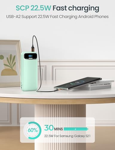 aonidi Portable Charger 12000mAh with Built-in Cables&AC Wall Plug, Green - color: Green