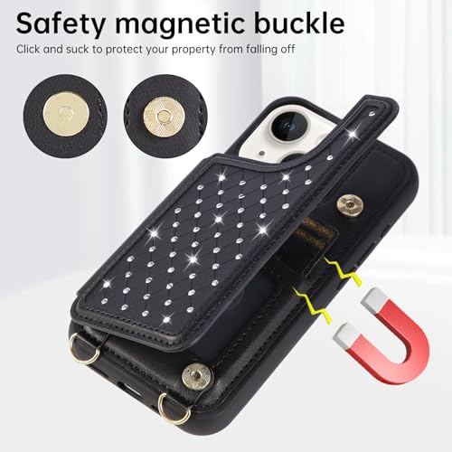 for iPhone 11 Wallet Case with Card Holder Slots and Strap, RFID Blocking Magnetic Flip Folio Cover, Crossbody Purse Protection Case with Kickstand,Black Diamond - color: Black Diamond, size: iPhone 11(6.1")