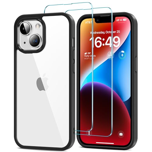 HOOMIL Case for iPhone 14 Phone Cover with 2-Pack Tempered Glass Screen Protector, Non-Yellowing, Drop Protection, Anti-Scratch, Transparent, Hard Back - Black Clear - color: Black, size: iPhone 14