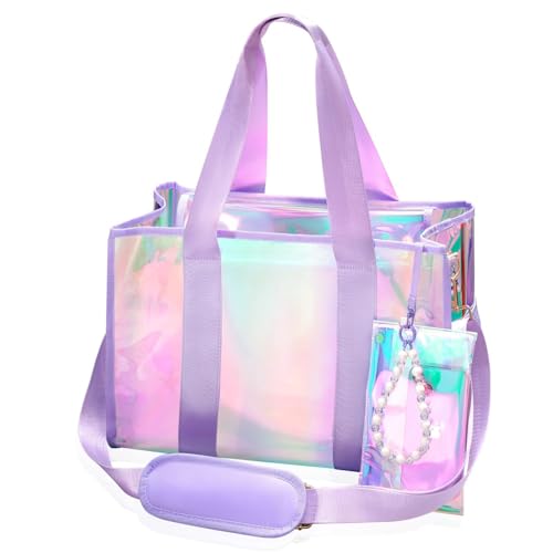 Iridescent Beach Bag for Women, 26L Extra Large Clear Waterproof Sandproof Tote Bag, Zipper Closure with Touchscreen Phone Pouch Adjustable Crossbody Strap for Beach Pool Travel Gym Vacation