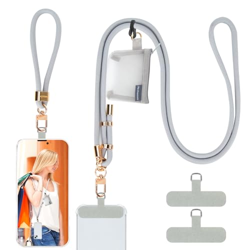 HOTEMIA Phone Lanyard and Wrist Straps, Adjustable Cell Phone Lanyard Crossbody with Detachable Wallet, 8mm Thick iPhone Lanyard for Around the Neck (Grey+Wallet) - color: Grey+wallet