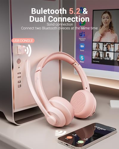 JIAMQISHI Pink Wireless Bluetooth Headset 5.2, AI Noise Cancelling Mic Headphones with USB Dongle Mute for Laptop & Cell Phones - color: Pink