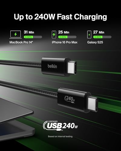 Belkin USB C to USB C 240W Cable 2 Pack, 6.6ft Fast iPhone Charger Cord - color: Black, style: 6.6 ft - 2 pack
