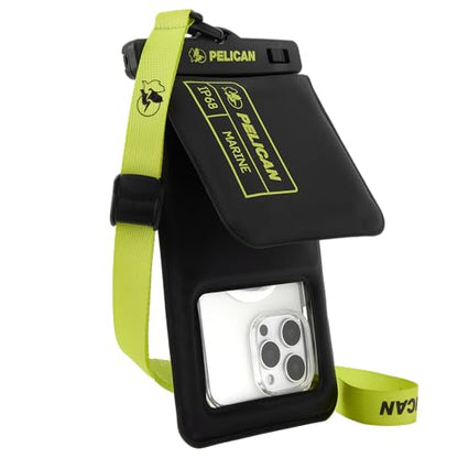 Pelican Marine Waterproof Phone Pouch w/Storage Pocket -Black/Hi-Vis Yellow | Large Touchscreen IP68 Floating Waterproof Phone Case w/Detachable Lanyard - Fits All Phones - Beach Cruise Travel Essentials - color: Black/Neon - 1 Pack - Large w/ Storage Poc
