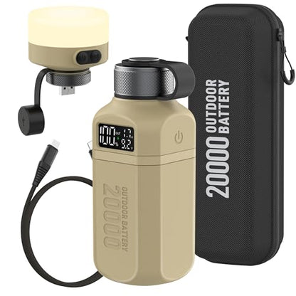20,000mAh Rugged Power Bank with Fast Charge USB-C PD, IP68 Waterproof Shockproof, Includes 420lm Bright Camping Lantern, Tactical Outdoor Charger for Hiking Camping Survival Emergency - color: Brown