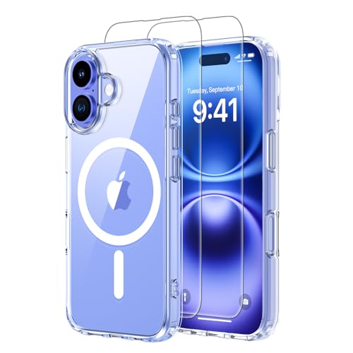 for iPhone 16 Case Clear,Compatible with MagSafe,with 2X Screen Protectors & Military-Grade Shockproof Protection Magnetic Slim Case,Transparent Anti-Yellowing,Shockproof Cover for 6.1" - color: Clear, size: iPhone 16
