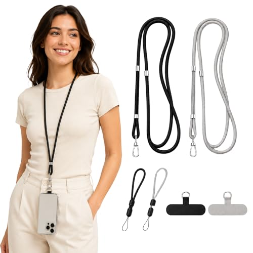 Rosmas Adjustable Crossbody Cell Phone Neck Strap with 2 Wrist Straps and 2 Tether Tabs for Smartphones - color: Black、grey