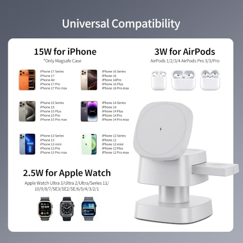 4 in 1 Magnetic Wireless Charging Station,15W Fast Charging with Adjustable Night Light,3 in 1 Wireless Charging Station for iPhone 17/16/15/14/13/12/11 Pro Max & Apple Watch,AirPods (White) - color: White
