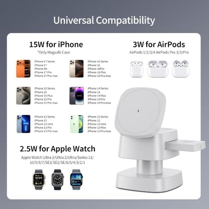 4 in 1 Magnetic Wireless Charging Station,15W Fast Charging with Adjustable Night Light,3 in 1 Wireless Charging Station for iPhone 17/16/15/14/13/12/11 Pro Max & Apple Watch,AirPods (White) - color: White