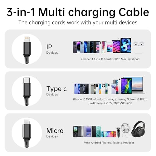 Travel Essentials Multi USB Charging Cable 3A, (2Pack 6.6FT) Charging Cable - color: 6.6FT/2M Sliver+Black
