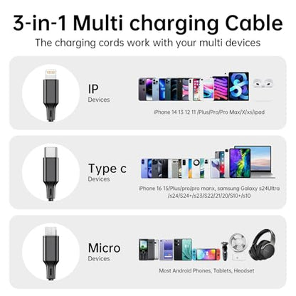 Travel Essentials Multi USB Charging Cable 3A, (2Pack 6.6FT) Charging Cable - color: 6.6FT/2M Sliver+Black