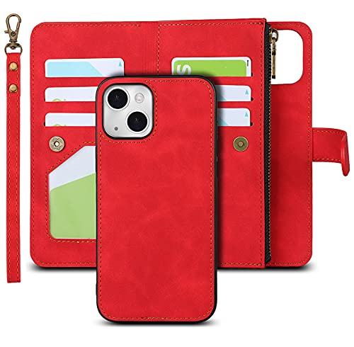 iCoverCase Compatible with iPhone 13 Wallet Phone Case with Card Holder, PU Leather Zipper Pocket Magnetic Detachable Flip Case with Wrist Strap (Red) - color: Detachable--Red