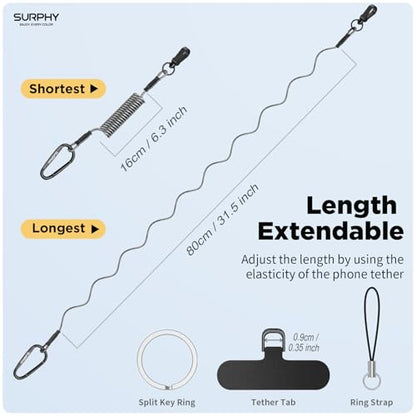 SURPHY Anti Theft Phone Strap, Phone Lanyard, Sturdy Steel Wire Keychain - color: Black & Clear