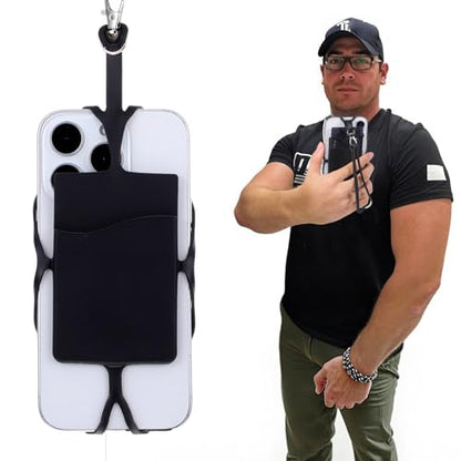 2Pcs Cell Phone Lanyard Crossbody Adjustable Neck Phone Holder with Card Pocket, Universal Silicone Neck Strap - color: Black