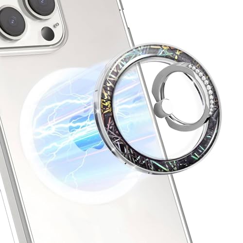 Silver Magnetic Phone Ring,Transparent Strong Magnet Phone Grip Holder,360°Adjustable & Removable Clear Strips Laser Design Diamond Ring for Phones & Tablets - color: Clear Silver Star Diamond 11 Laser