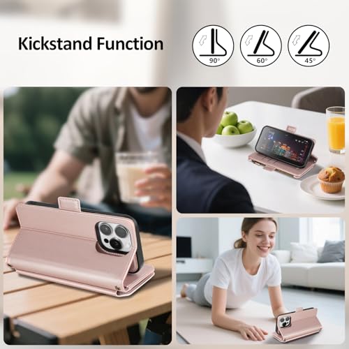 Antsturdy Compatible with MagSafe iPhone 13 Pro Wallet Case,Rose Gold | Detachable Magnetic Credit Card Holder,RFID Blocking,PU Leather Zipper Purse,Wrist Strap Kickstand,Flip Phone Cover for Women - color: (Detachable with Magsafe)-Rose Gold