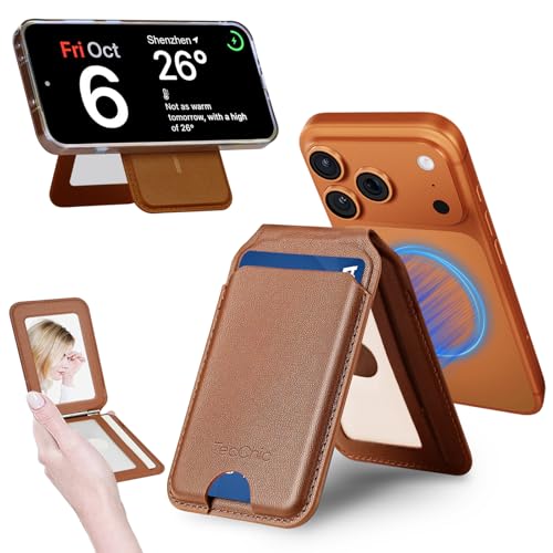 Magnetic Phone Wallet Stand for iPhone,4-Card Holder with RFID Blocking,6X Stronger Magnet,0.28in Slim Vegan Leather,Built-in Mirror &180° Stand for iPhone 17/16/15/14/13/12 Series(Brown) - color: Brown