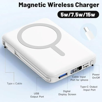Azmuth for MagSafe Portable Charger, 10000mAh Magnetic Power Bank | 20W PD Fast Charging Magnetic Travel Charger with Dual USB-C LED Display for iPhone 17/16/15/14/13/12 Series - color: Pearl White
