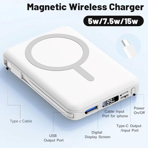 Azmuth for MagSafe Portable Charger, 10000mAh Magnetic Power Bank | 20W PD Fast Charging Magnetic Travel Charger with Dual USB-C LED Display for iPhone 17/16/15/14/13/12 Series - color: Pearl White