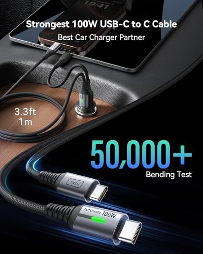 INIU Car Charger, Total 60W Cigarette Lighter Charger with 100W USB C Cable