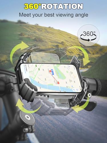 Motorcycle Phone Mount,Handlebar Phone Holder for Bike,360°Rotation,Silicone Wrapped Phone Clamp,One-Touch Quick Lock Scooter Stroller Bicycle Phone Holder,4.7- 6.8"Phones,Thick Cases Friendly - color: Black