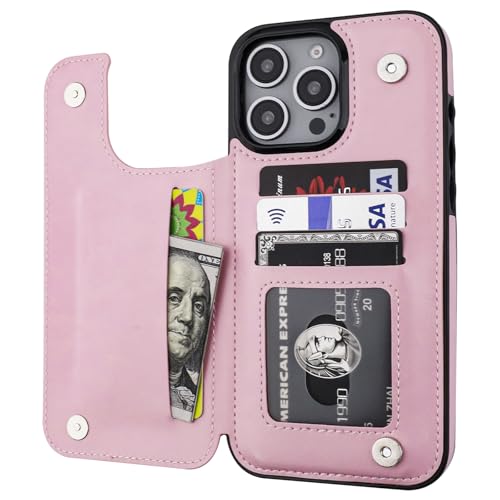 ONETOP for iPhone 16 Pro Max Wallet Case with Credit Card Holder,Pink | Kickstand,ID/Cash Holder,Case Wallet with Card Slots,Double Magnetic Clasp,Durable PU Leather Shockproof Cover for Women Men - color: Pink