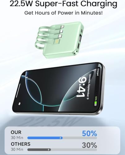 ummz Mini Portable Charger with Built-in 4 Cables，12000mAh Small Power Bank - color: green