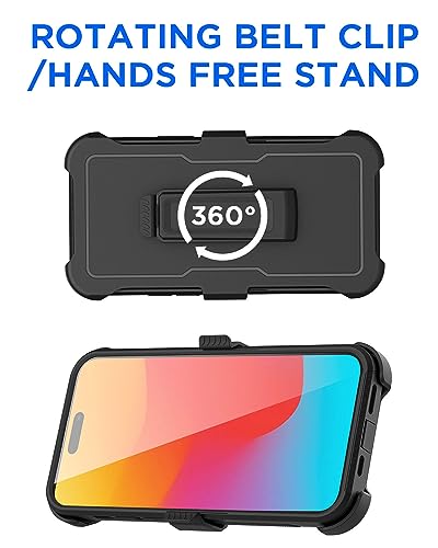 AICase Clip Holster Case Compatible with iPhone 15 Pro Max with Glass Screen Protector+Camera Lens,Heavy Duty Drop Protection Full Body Rugged Shockproof Military Protective Tough Durable Cover 6.7" - color: Black+Belt+Glass Protector/Camera Lens