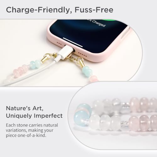 POSADINA Natural Stone Phone Charm, Beaded Healing Phone Wrist Strap, Handmade Cellphone Chain Lanyard with Tether Tab - color: Cotton Candy