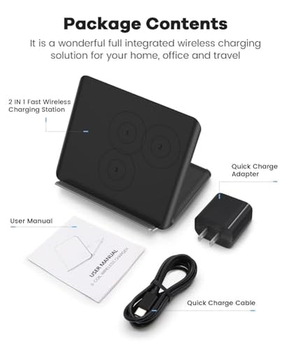 Wireless Charging for Samsung Galaxy Z Fold Series, 2-in-1, 15W Fast Wireless for Galaxy Z Fold 7/6/5/4/3, S24/S23/S22,Note20 Ultra, Galaxy Buds3/2 Pro/2/Live, Black (PD Adapter Included)