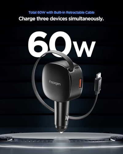 Spigen 3-in-1 60W Retractable USB C Car Charger, Support Fast USB C & USB A