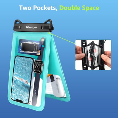Niveaya [Up to 10.5"]Waterproof Phone Pouch - 2 Pack, Waterproof Phone Lanyard Case with iPhone 17/16/15/14/13 Pro Max up to 9.5", Phone Dry Bags for Vacation Beach Pool Kayak Cruise Travel Essentials - color: Black+ Teal, size: Large 10.5"