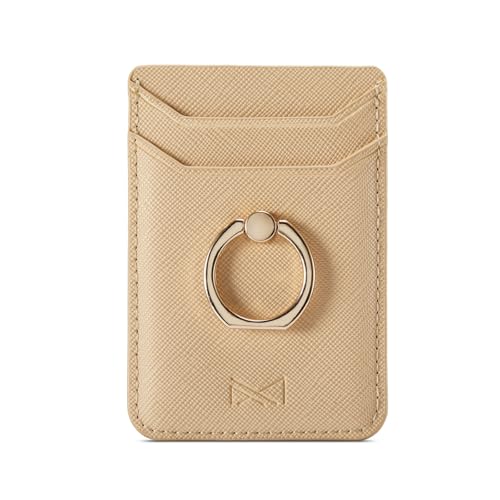 Card Holder Sleeve with Ring, RFID Credit Wallet PU Leather Stick On Back Grip for iPhone Samsung Smartphone - Gold - color: Gold