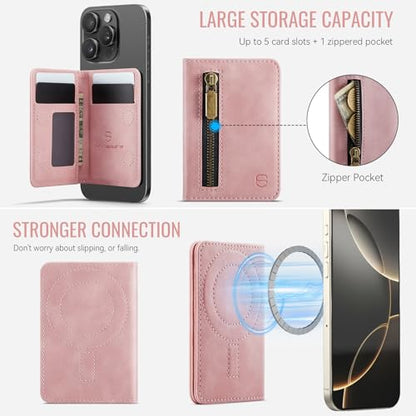 Strapurs Magnetic Card Holder Compatible with MagSafe Phones and Cases, PU Leather Slim Phone Wallet for iPhone 17/16/15/14/13/12/Pro/Max/Plus/Air, 4 Card Slots RFID Blocking with Zipper Pocket - Pink - color: Pink