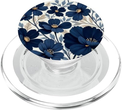 Botanical Navy Blue Floral Pattern PopSockets PopGrip for MagSafe - style: Magnetic PopGrip