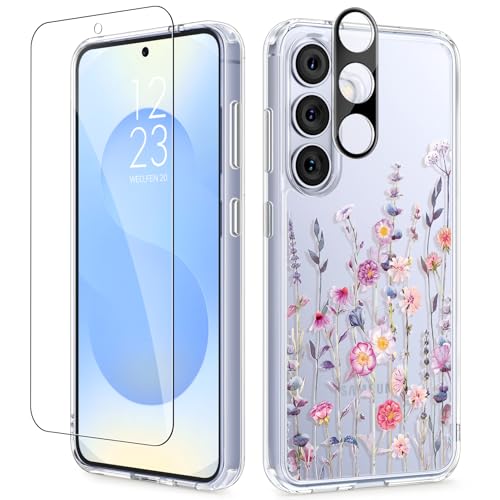GVIEWIN for Samsung Galaxy S25 Plus Case, Clear Floral Slim Shockproof Protective Women Phone Case, Non-Yellowing, with Screen Protector & Camera Lens Protector for S25 Plus 6.7", Floratopia/Colorful - color: 1-Floratopia/Colorful, size: For Galaxy S25 Pl